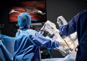 Surgeon performing procedure using Da Vinci robot